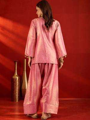 women embroidered regular sequinned kurta with farshi salwar set 4