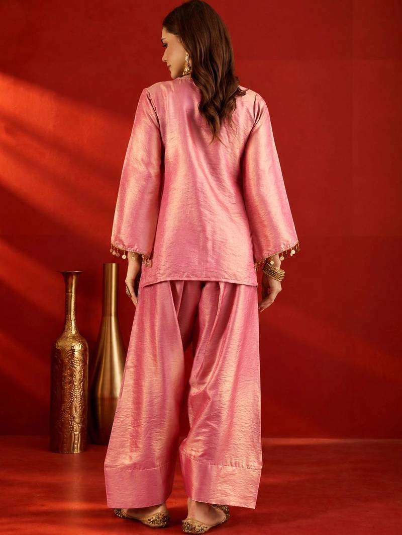 women embroidered regular sequinned kurta with farshi salwar set