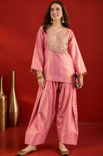 women embroidered regular sequinned kurta with farshi salwar set