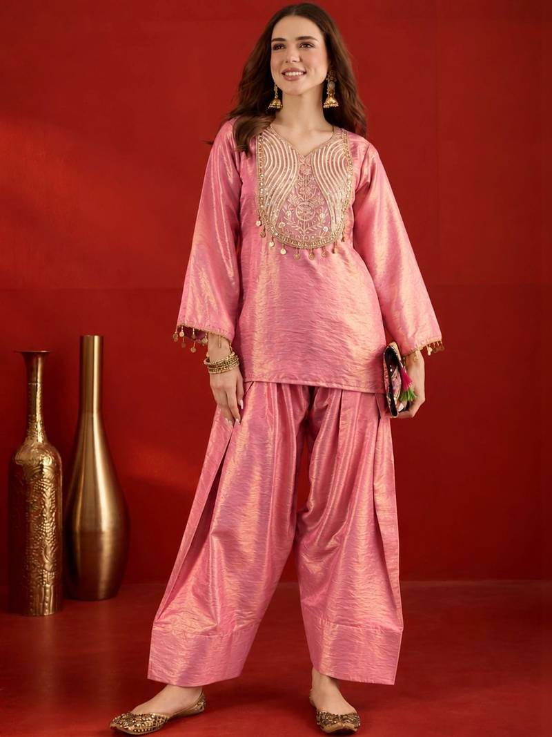 women embroidered regular sequinned kurta with farshi salwar set