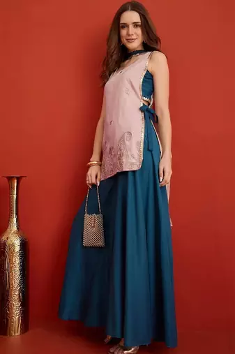 women ethnic motifs embroidered regular sequinned kurta with palazzos & with dupatta