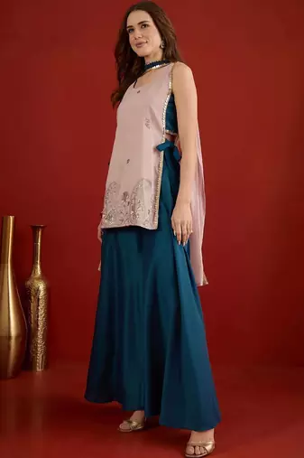 women ethnic motifs embroidered regular sequinned kurta with palazzos & with dupatta