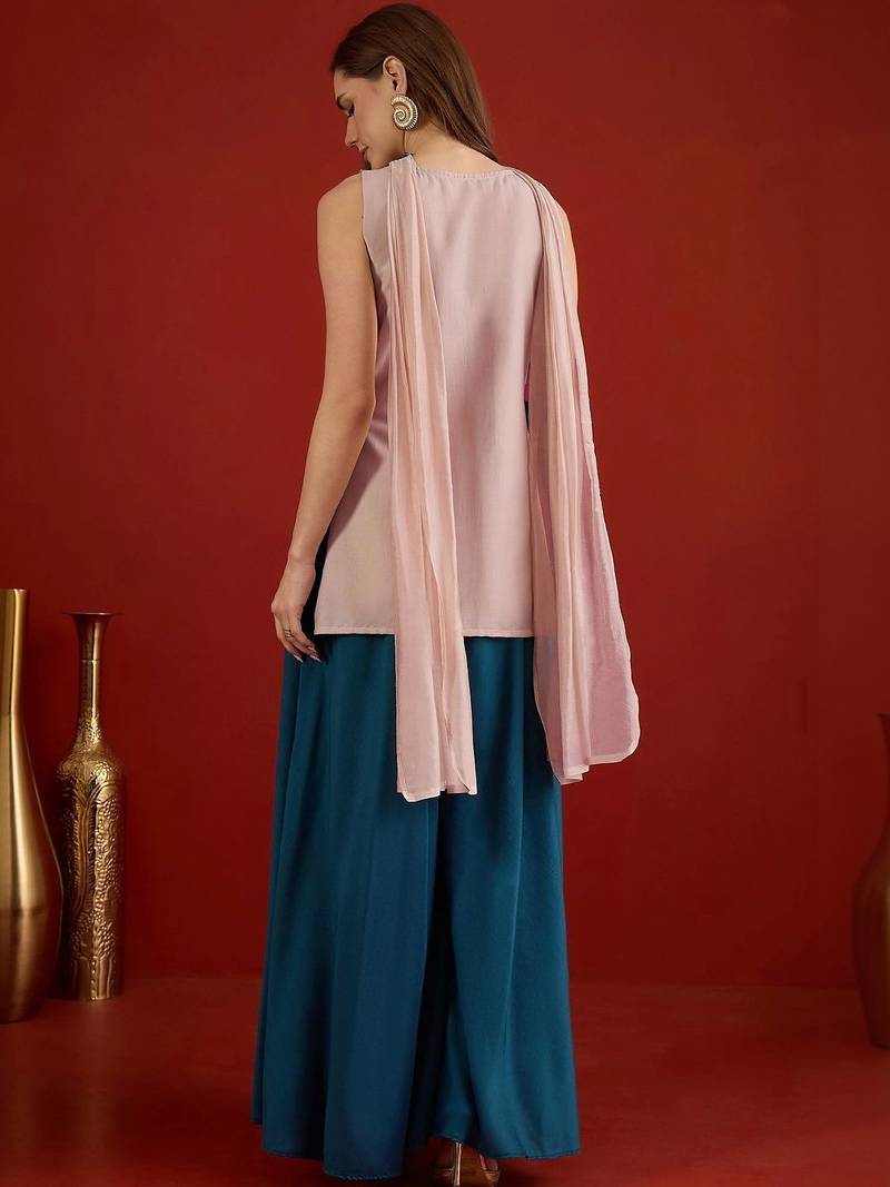 women ethnic motifs embroidered regular sequinned kurta with palazzos & with dupatta