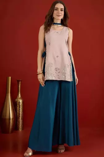 women ethnic motifs embroidered regular sequinned kurta with palazzos & with dupatta