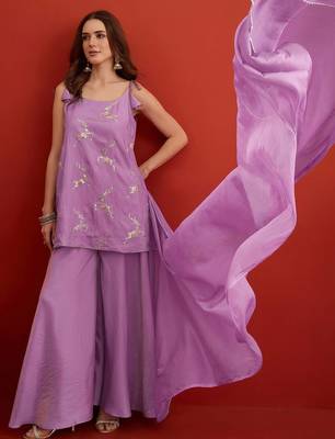 women ethnic motifs embroidered regular sequinned kurta with palazzos & with dupatta 1