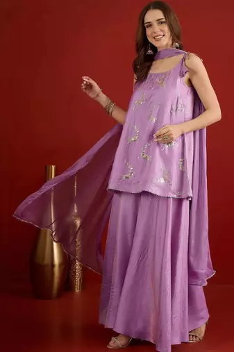 women ethnic motifs embroidered regular sequinned kurta with palazzos & with dupatta