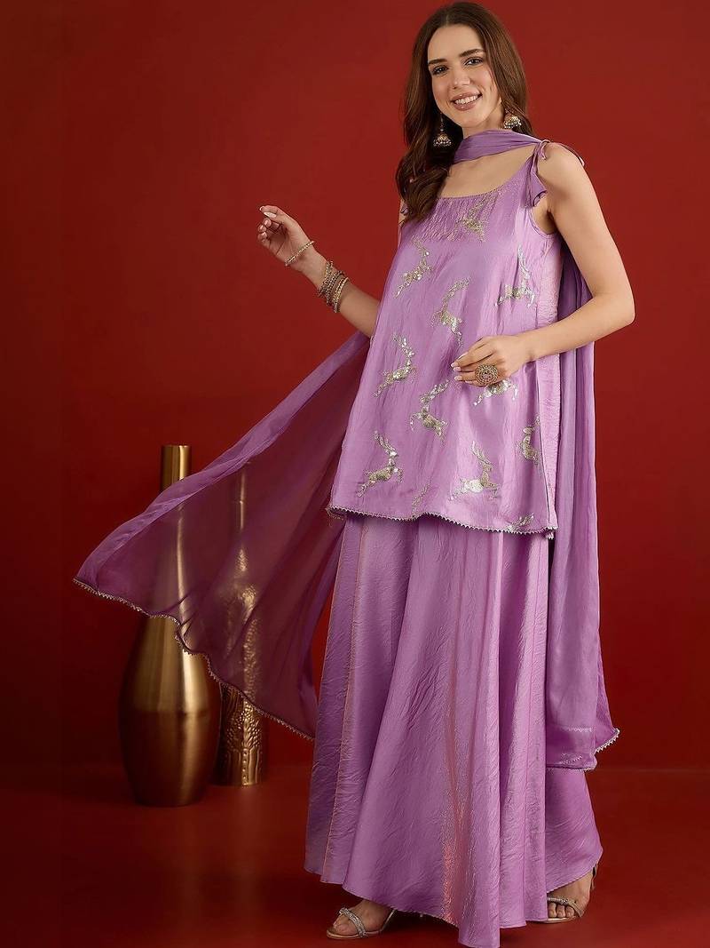 women ethnic motifs embroidered regular sequinned kurta with palazzos & with dupatta