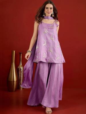 women ethnic motifs embroidered regular sequinned kurta with palazzos & with dupatta 3