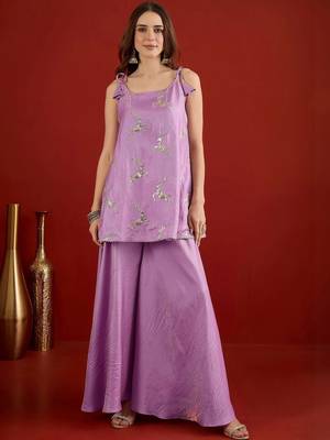 women ethnic motifs embroidered regular sequinned kurta with palazzos & with dupatta 4