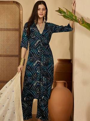 women bandhani dyed regular thread work kurta with trousers & with dupatta 1