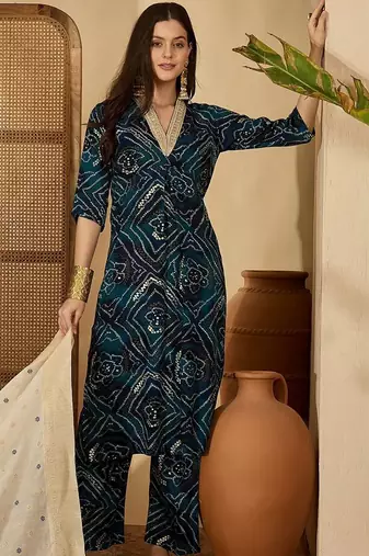 women bandhani dyed regular thread work kurta with trousers & with dupatta