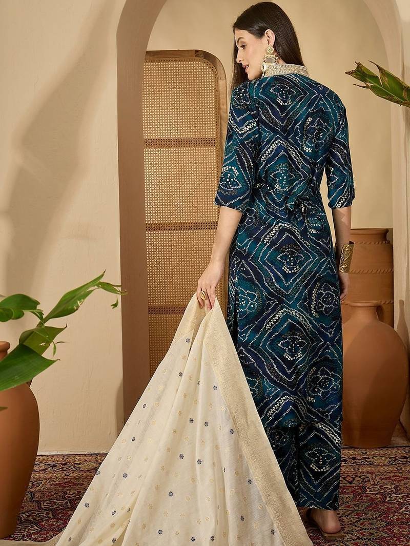 women bandhani dyed regular thread work kurta with trousers & with dupatta