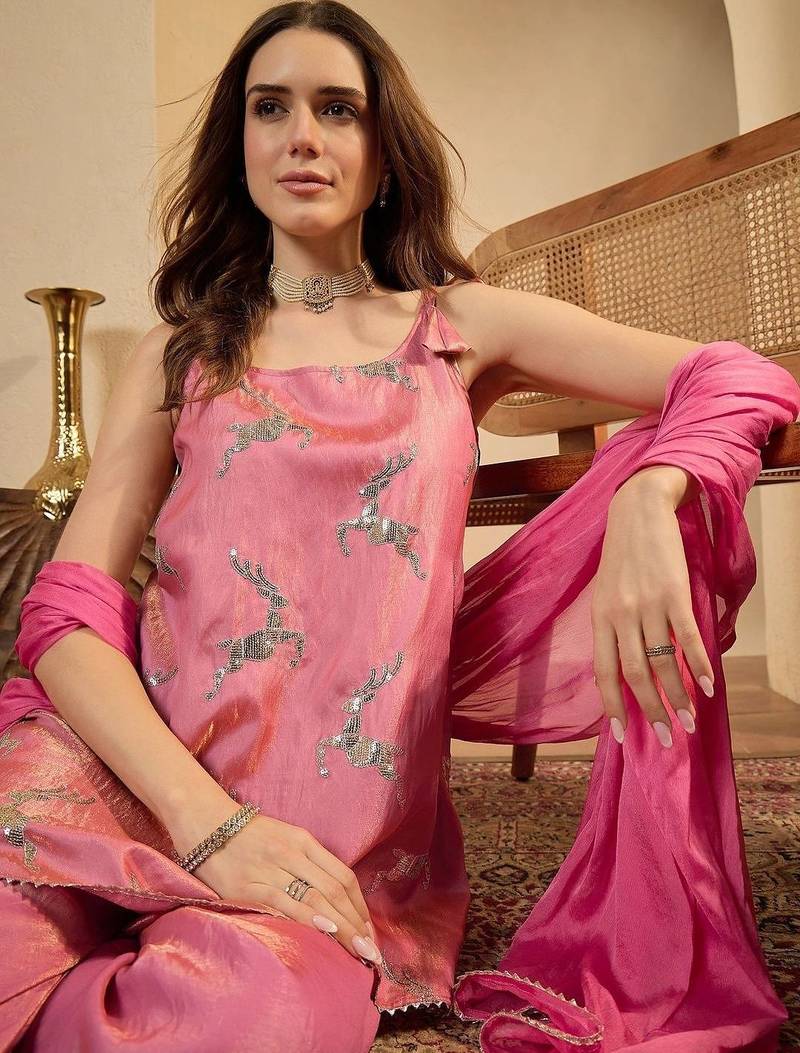 women ethnic motifs regular sequinned kurta with sharara & with dupatta