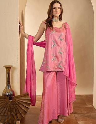 women ethnic motifs regular sequinned kurta with sharara & with dupatta 1