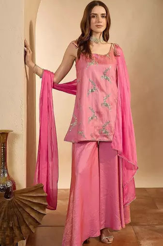 women ethnic motifs regular sequinned kurta with sharara & with dupatta