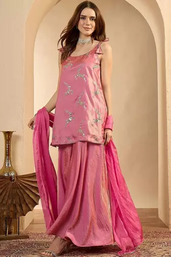 women ethnic motifs regular sequinned kurta with sharara & with dupatta