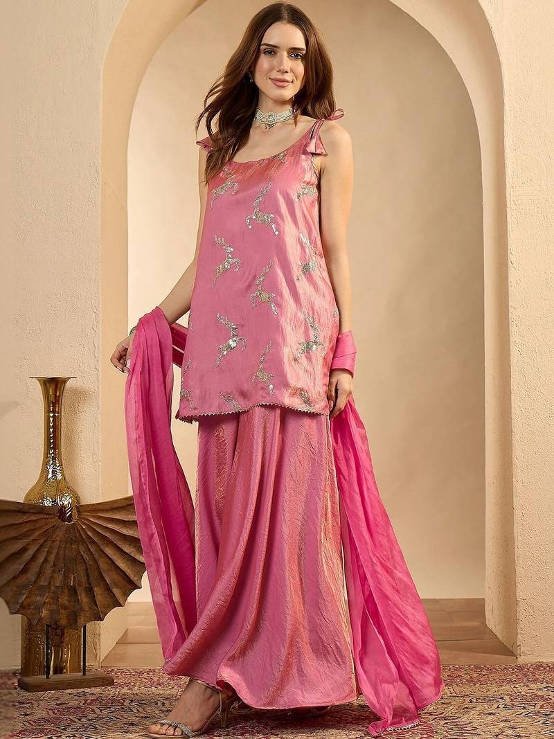women ethnic motifs regular sequinned kurta with sharara & with dupatta