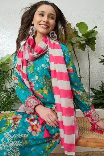 women floral printed regular thread work kurta with palazzos & with dupatta