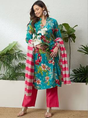 women floral printed regular thread work kurta with palazzos & with dupatta 1