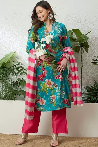 women floral printed regular thread work kurta with palazzos & with dupatta