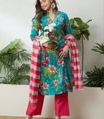 women floral printed regular thread work kurta with palazzos & with dupatta