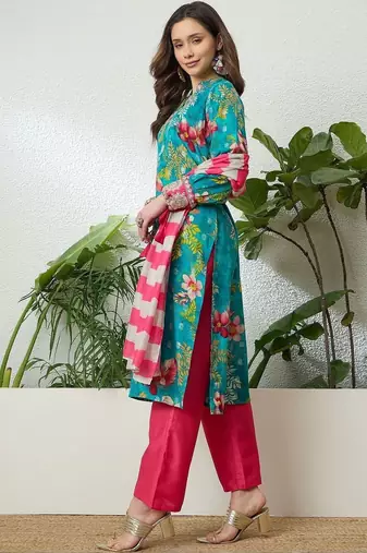 women floral printed regular thread work kurta with palazzos & with dupatta