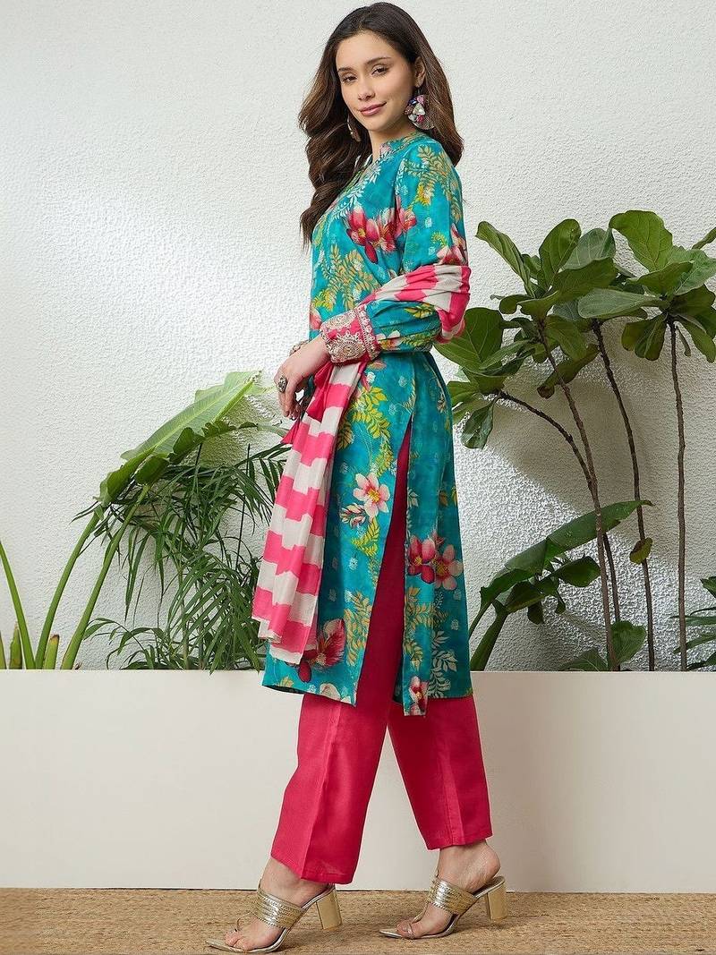 women floral printed regular thread work kurta with palazzos & with dupatta