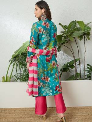 women floral printed regular thread work kurta with palazzos & with dupatta 6
