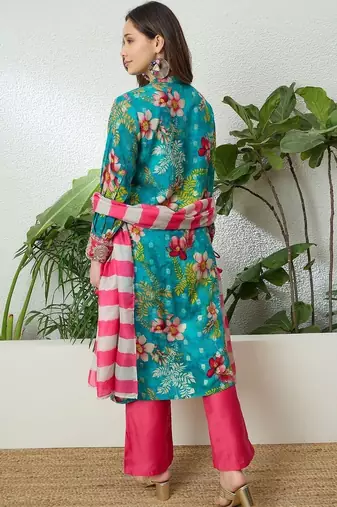 women floral printed regular thread work kurta with palazzos & with dupatta
