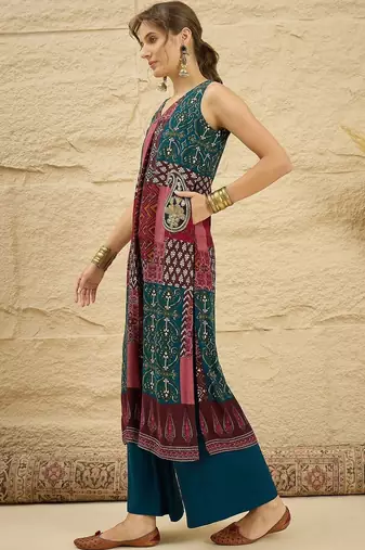 women ethnic motifs printed regular kurta with palazzos