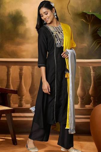 women ethnic motifs embroidered regular thread work kurta with palazzos & with dupatta