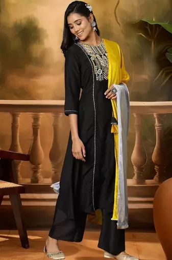 women ethnic motifs embroidered regular thread work kurta with palazzos & with dupatta