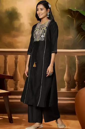 women ethnic motifs embroidered regular thread work kurta with palazzos & with dupatta
