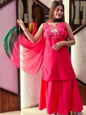 women ethnic motifs embroidered regular thread work kurta with palazzos & with dupatta 4