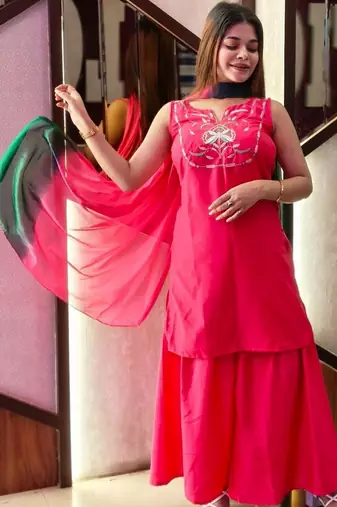 women ethnic motifs embroidered regular thread work kurta with palazzos & with dupatta