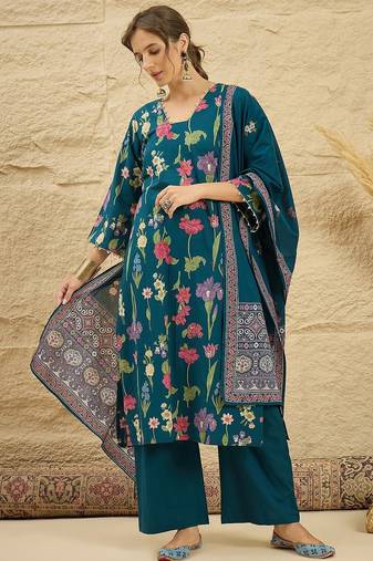 women floral printed regular  cotton kurta with palazzos & dupatta