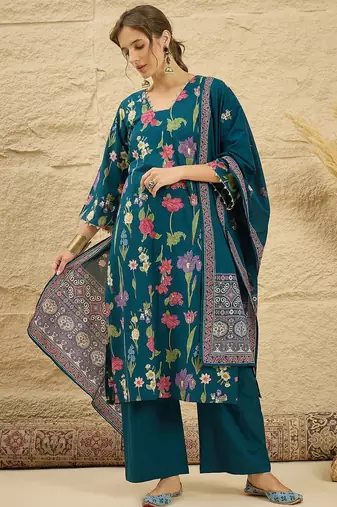 women floral printed regular  cotton kurta with palazzos & dupatta