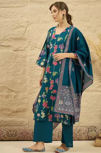 women floral printed regular  cotton kurta with palazzos & dupatta