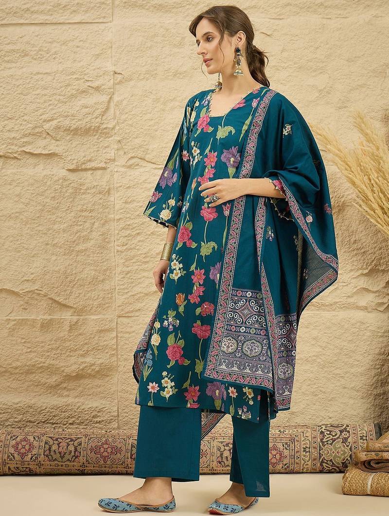 women floral printed regular  cotton kurta with palazzos & dupatta