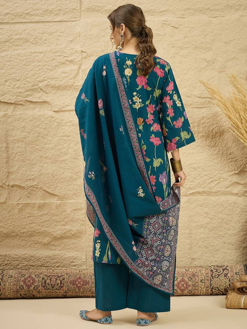 women floral printed regular  cotton kurta with palazzos & dupatta