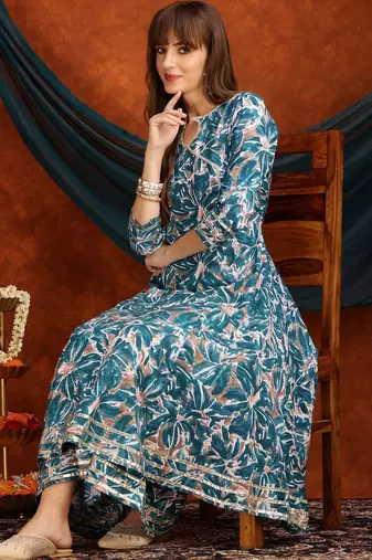 women floral printed angrakha thread work kurta with palazzos & with dupatta
