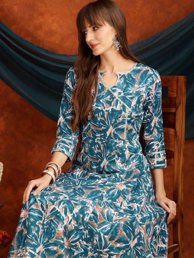 women floral printed angrakha thread work kurta with palazzos & with dupatta