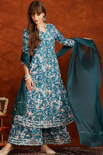 women floral printed angrakha thread work kurta with palazzos & with dupatta