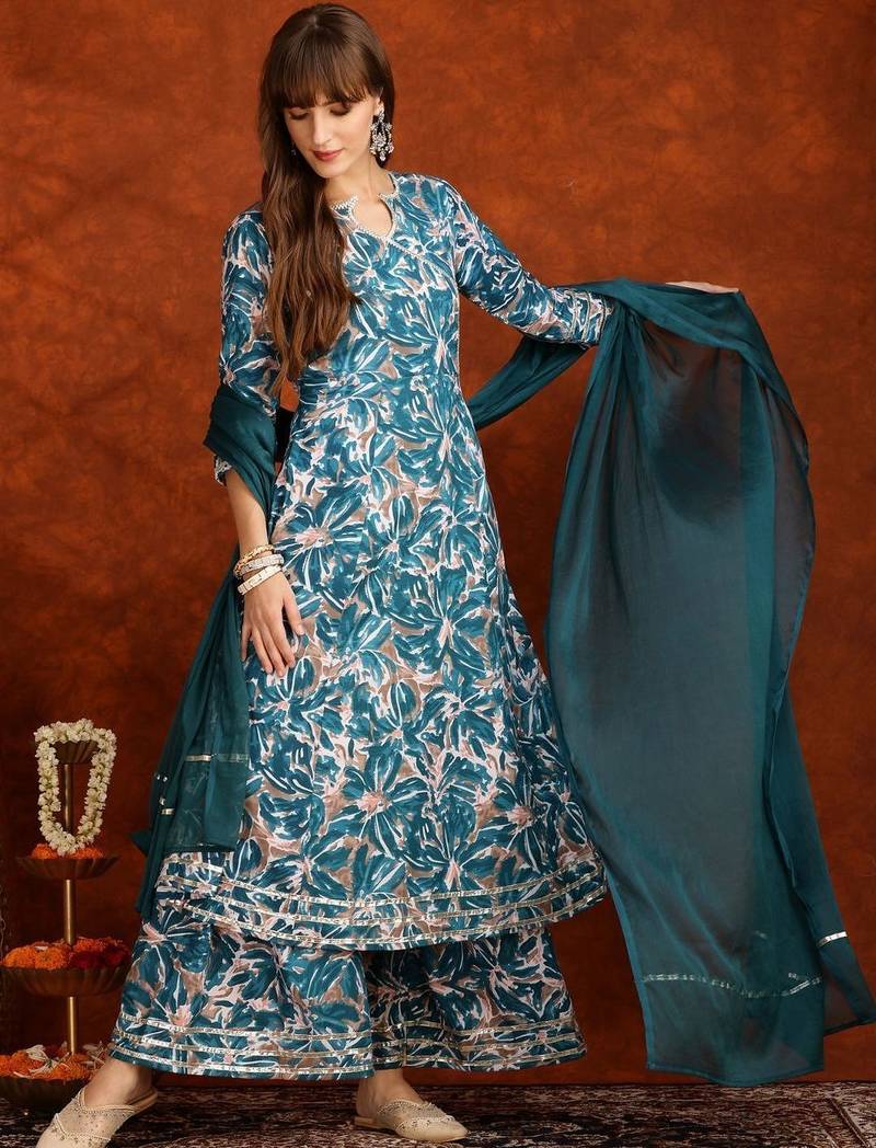 women floral printed angrakha thread work kurta with palazzos & with dupatta