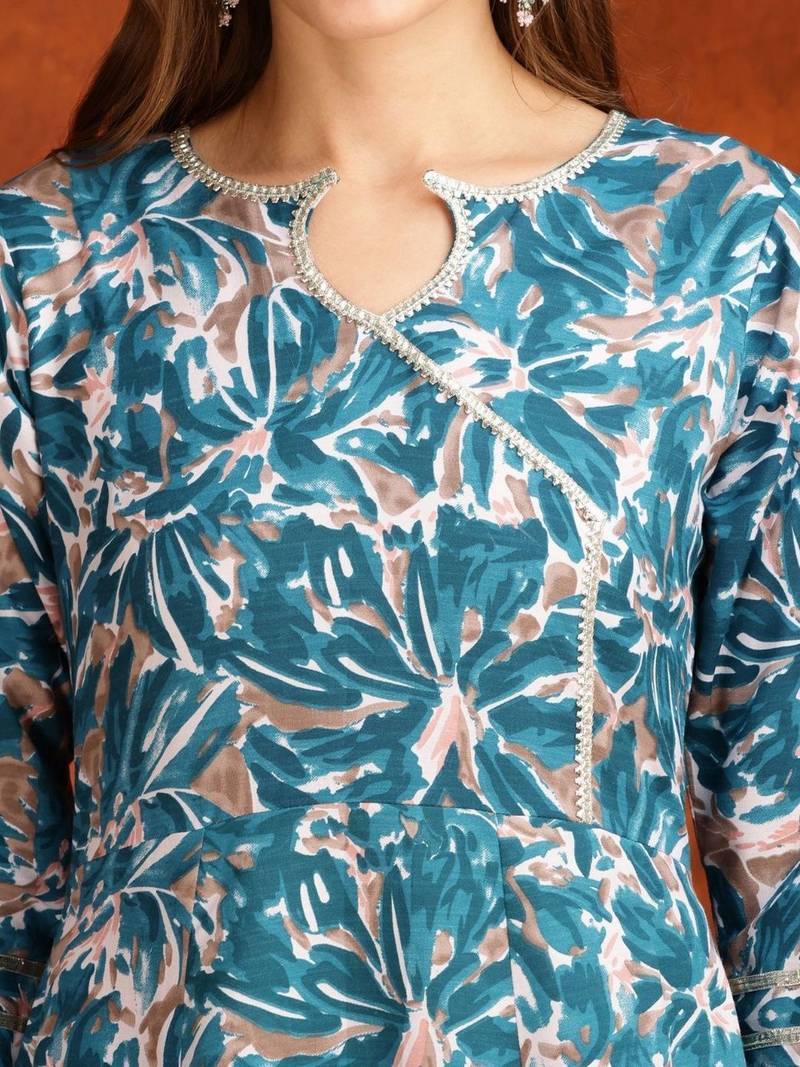 women floral printed angrakha thread work kurta with palazzos & with dupatta