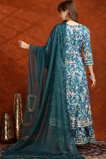 women floral printed angrakha thread work kurta with palazzos & with dupatta