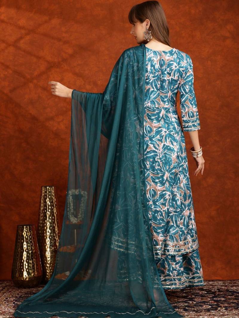 women floral printed angrakha thread work kurta with palazzos & with dupatta
