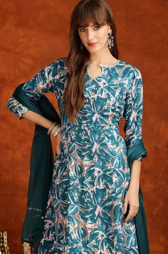 women floral printed angrakha thread work kurta with palazzos & with dupatta