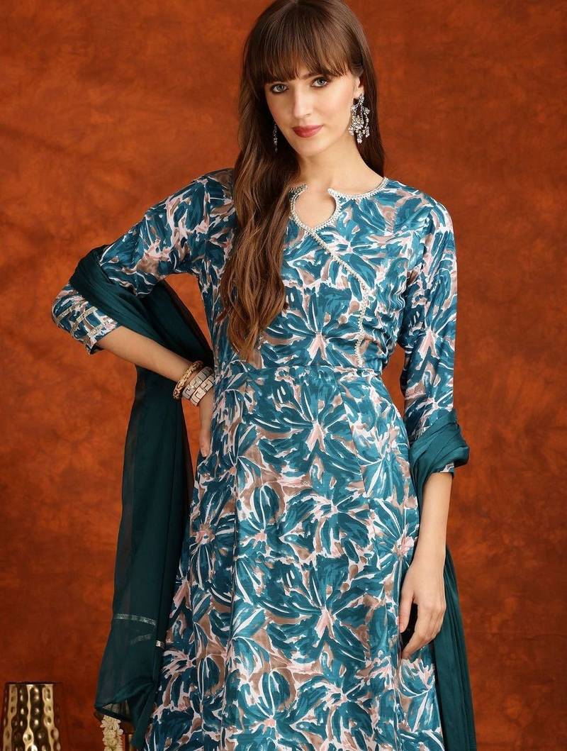 women floral printed angrakha thread work kurta with palazzos & with dupatta
