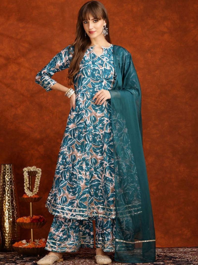 women floral printed angrakha thread work kurta with palazzos & with dupatta